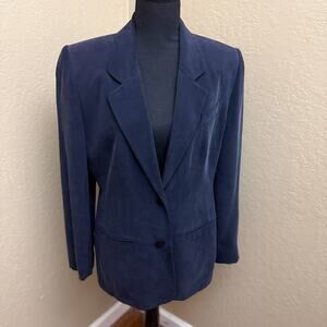 Chaus Petite 100% Silk Blazer Jacket Navy Blue 2-Button Lined Women's Size 10